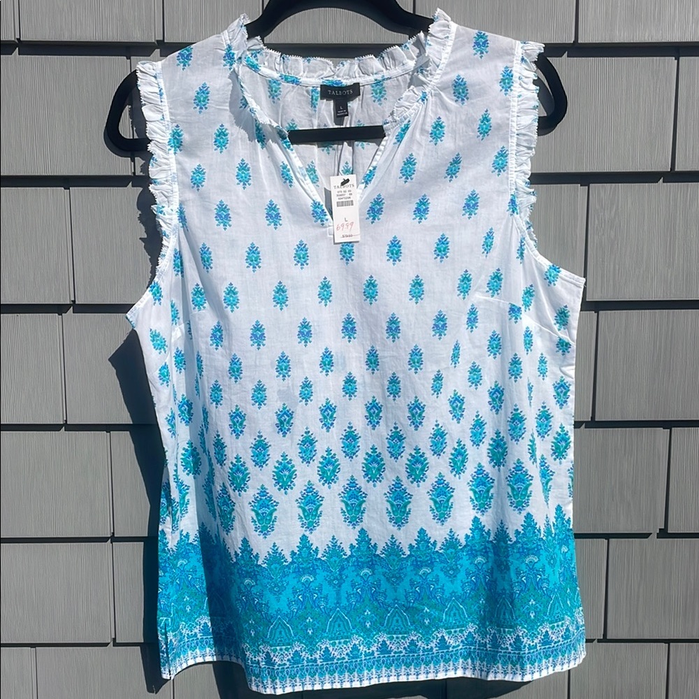 Talbots White and Blue Sleeveless Ruffled Blouse